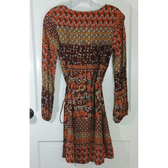 Forever 21 Southwestern XS Boho Floral Paisley Print Mini Dress Tassel Tie Brown - Picture 8 of 13